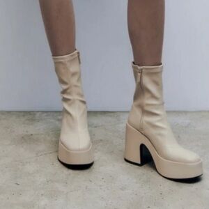 ZARA Women’s Platform Sock Boots - Cream Chunky Heel